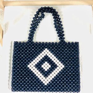 Vintage Bead Bag Navy White Balls